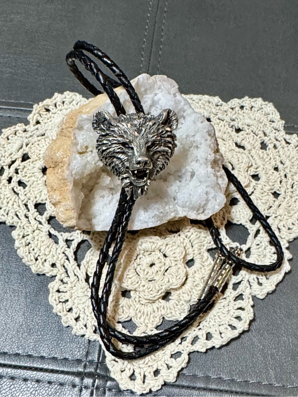1995 Vintage EJC©95 Silver Pewter Bear Bolo Tie with Black Braided Cord